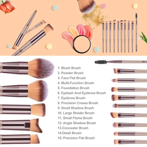Vista 4 de HEYMKGO Brochas de maquillaje, 15 unidades, color dorado champán, juego de brochas de maquillaje profesional, brocha para base, difuminar, rubor