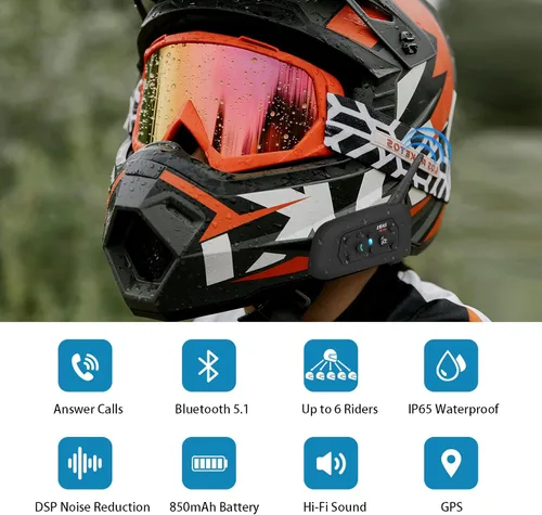 Vista 2 de MIMIRACLE V6 Pro - Casco de motocicleta Bluetooth para hasta 6 conductores, 2 vías, 1200 M, IP65, impermeable, sistema de comunicación inalámbrico