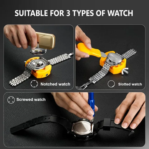 Vista 4 de Kit de reparación de relojes Jorest + Herramienta de presión para relojes, reemplazo de batería, ajuste de correa, llave para abrir la cubierta