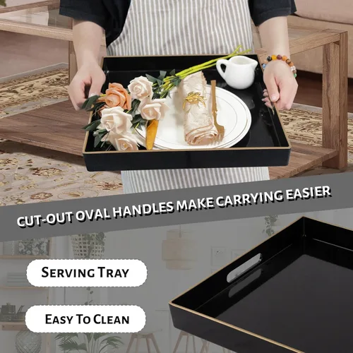 Vista 5 de MAONAME - Bandeja decorativa negra, bandeja de servir con asas, bandejas para mesa de café, bandejas de plástico cuadradas para otomano, baño