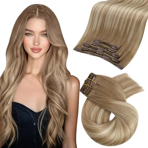 Vista 35 de Moresoo Extensiones de cabello humano con clip, balayage, color marrón oscuro a marrón dorado con clip, extensiones de cabello humano con clip, 5