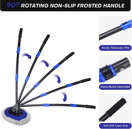 Vista 5 de Cepillo de lavado de autos con mango largo Diseño de poste curvado de 15 grados Cabezal de cepillo de microfibra Longitud ajustable Amplias
