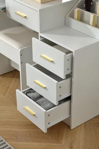 Vista 9 de FOREST GRAVITY Tocador grande de 58.3 pulgadas con espejo plegable y luces, escritorio de maquillaje con espejo y luces, tomacorriente, silla y dos