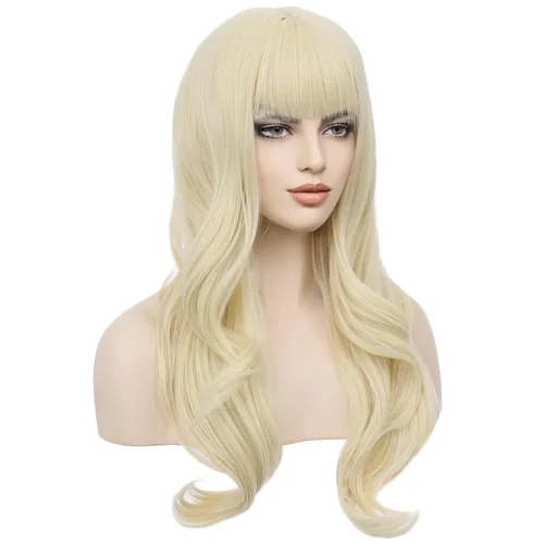 Vista 2 de PATTNIUM Peluca larga rubia para mujer, peluca rubia clara con flequillo, pelucas de cabello largo ondulado rubio rizado, peluca sintética con gorra