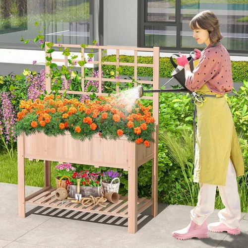 Vista 2 de S AFSTAR Cama de jardín elevada con enrejado, maceta elevada de 42 x 21 x 58 pulgadas con patas, estante de almacenamiento inferior, forro