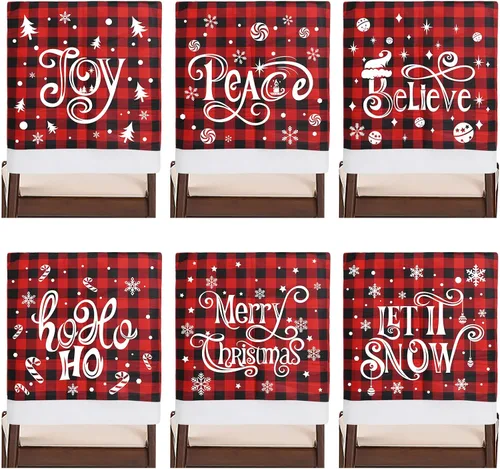 Vista 7 de CCINEE 2 fundas para respaldo de silla de Navidad, fundas de silla de búfalo rojo y negro con copo de nieve para silla de Navidad, cubierta trasera