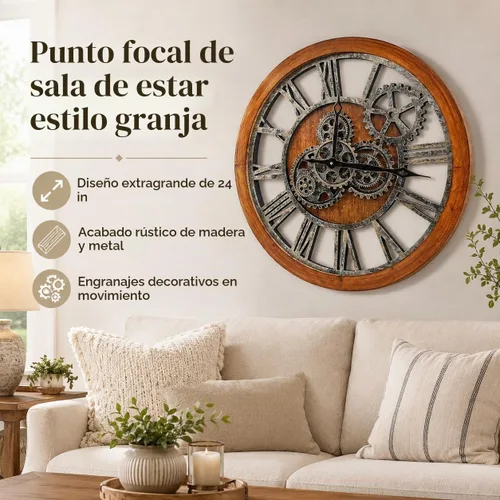 Vista 6 de Reloj de pared grande estilo B de 24 pulgadas, reloj de pared con engranaje móvil, relojes de pared vintage de gran tamaño para decoración de sala