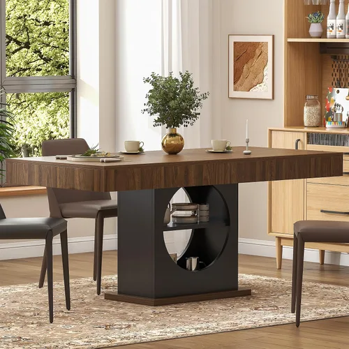 Vista 3 de Mesa de comedor para 4-6 personas, mesa de comedor de 55 pulgadas con cajones y almacenamiento abierto, base de pedestal de madera, mesa rectangular