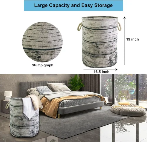 Vista 2 de Mziart Cesta de lavandería grande única con asas de cuerda, plegable de grano de madera, impermeable, elegante cesta de almacenamiento