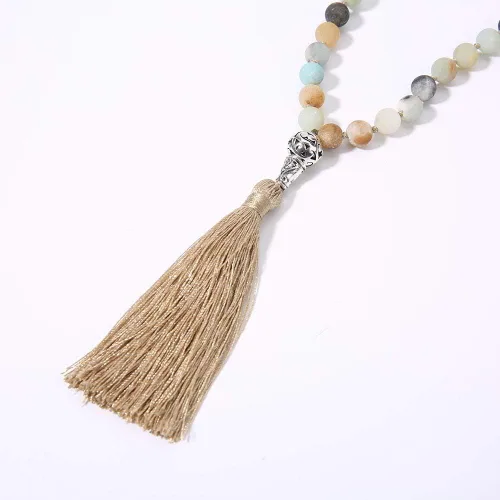 Vista 5 de BALIBALI Collar de 108 cuentas de mala, piedras semipreciosas, collar de meditación, 108 nudos a mano Japa Mala con cuentas de borla con colgante