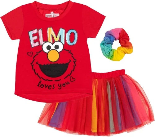 Sesame Street Elmo Abby Cadabby - Conjunto de camiseta de tul con falda y coletero de 3 piezas, para bebés y niños pequeños