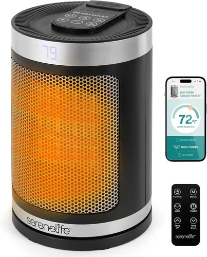 SereneLife Calentador de espacio inteligente: calentador eléctrico para interiores de 1500 W con termostato, control remoto, temporizador de 12 WiFi