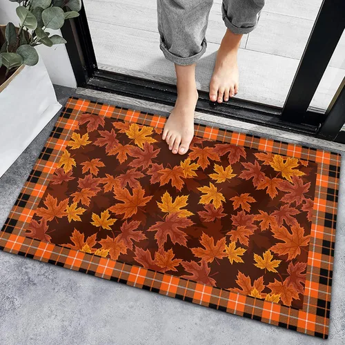 Bath Rugs Entrance Non Slip Front Door Mat Fall Maple Leaves Thanksgiving Farm Kitchen Carpets Orange Plaid Floor Mats for Bathroom Bedroom Living