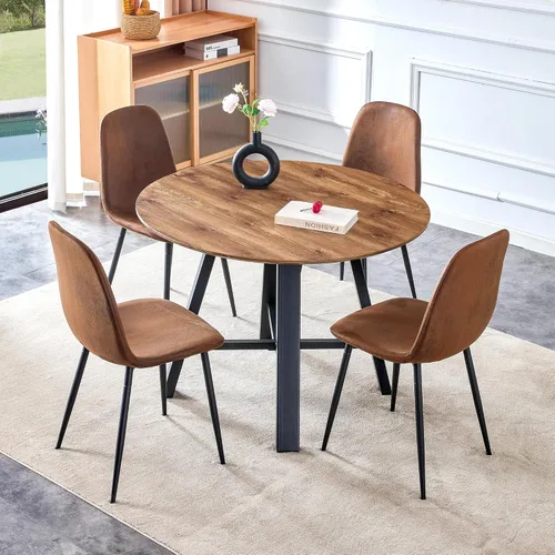 Vista 22 de Juego de 4 mesas de comedor redondas de 42 pulgadas para 4, sillas de mesa de cocina modernas, juego de 4 sillas tapizadas de madera con patas