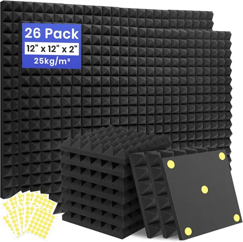 Paquete de 26 paneles de espuma a prueba de sonido para paredes, paneles de espuma acústica piramidal de 12 x 12 x 2 pulgadas, paneles insonorizados
