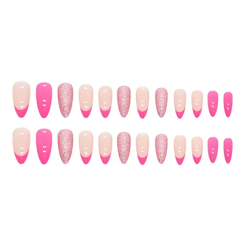 Vista 2 de Uñas postizas a presión medianas con punta francesa de almendra SWEKKE color rosa, cobertura completa, uñas postizas con pegamento rosa y purpurina