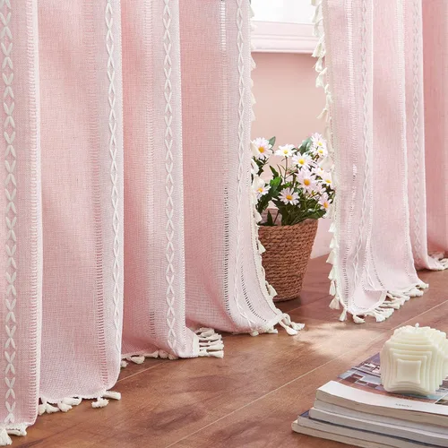 Vista 17 de 2 paneles de cortinas de lino semiopacas para ventana, bohemias y rústicas, con rayas bordadas y bolsillo para cortinero, para sala de estar