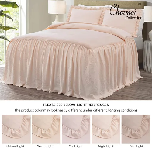 Vista 8 de Chezmoi Collection Sinclair - Juego de colcha de 3 piezas con falda con volantes, estilo campestre francés chic, tamaño King, color rubor