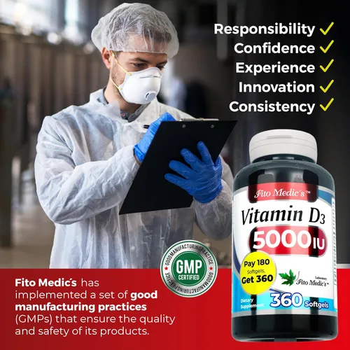 Vista 6 de FITO MEDIC'S Laboratorio - Vitamina d - 5000 UI de - Vitamina d3-360 cápsulas blandas - Vitamina d3 5000 iu - para hueso, dientes, músculo e