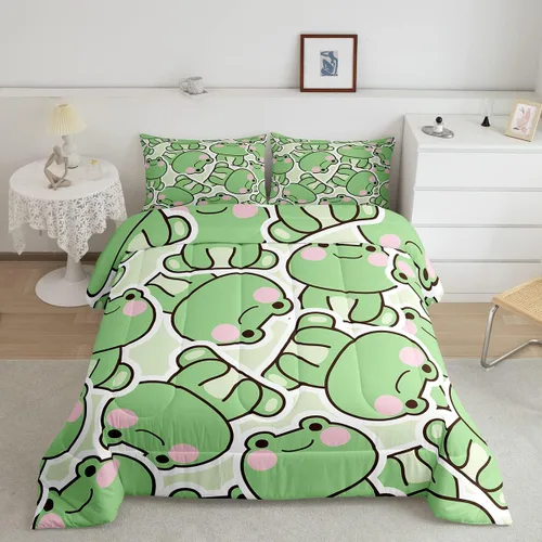 Juego de edredón de ranas tamaño matrimonial, juego de ropa de cama de rana de dibujos animados para niños, niñas y adolescentes, edredón de plumón