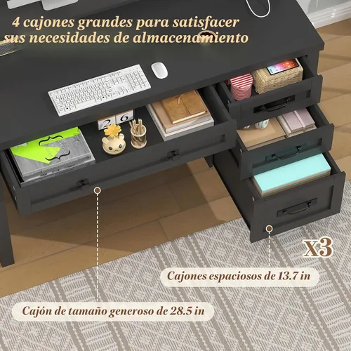 Vista 5 de YOMILUVE Escritorio para computadora de granja con cajones, escritorio pequeño para computadora de 47 pulgadas con tomas de corriente, escritorio