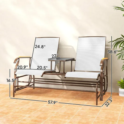 Vista 3 de Outsunny Banco planeador para 2 personas, silla de columpio para patio, sofá biplaza con malla transpirable, mesa, marco de acero para jardín, patio