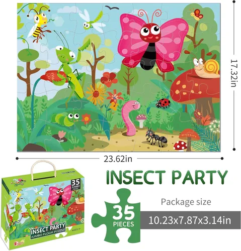 Vista 6 de Rompecabezas de suelo jumbo para niños, rompecabezas de fiesta de insectos de 35 piezas de 3 a 5 años, juguetes de desarrollo de aprendizaje