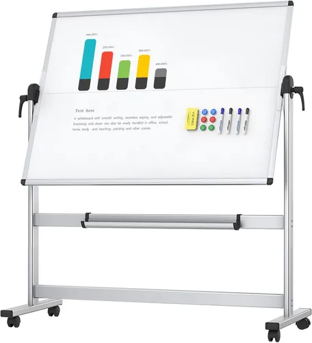 VIZ-PRO Pizarra blanca magnética portátil de doble cara, 48 x 36 pulgadas, pizarra de borrado en seco con ruedas con marco de aluminio y soporte