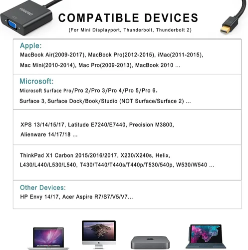 Vista 6 de FEMORO Adaptador Mini DisplayPort a VGA, paquete de 2 unidades, mini puerto de pantalla DP a VGA, convertidor de cable macho a hembra