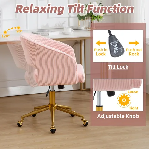 Vista 51 de ABET Silla de escritorio con ruedas, silla de terciopelo para oficina en casa, sillón giratorio con base dorada, sillas decorativas modernas