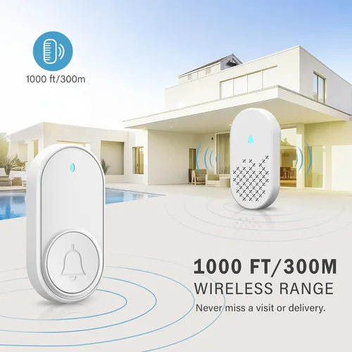 Vista 4 de Kit de timbre inalámbrico, timbre de puerta con rango de 1000 pies, 32 campanillas, fácil instalación, 4 volúmenes ajustables, funciona