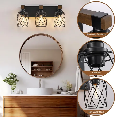 Vista 3 de Luz de Tocador de Baño Estilo Granja, Lámpara de Baño de Madera de 3 Luces para Sobre el Espejo, Luces de Tocador Industriales Negras con Pantalla