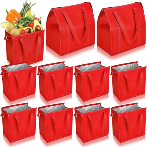 Vista 10 de Paquete de 10 bolsas de comestibles aisladas grandes reutilizables con cremallera superior de 13 x 12 x 7 pulgadas, bolsas térmicas a granel