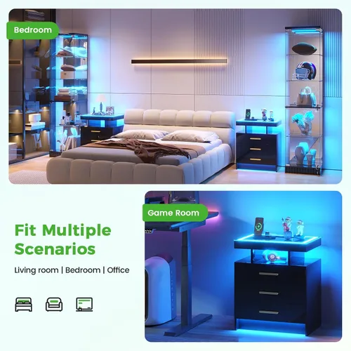 Vista 7 de HNEBC Mesita de noche LED con estación de carga, mesita de noche inteligente con luces de sensor de movimiento, 3 cajones, parte superior de vidrio