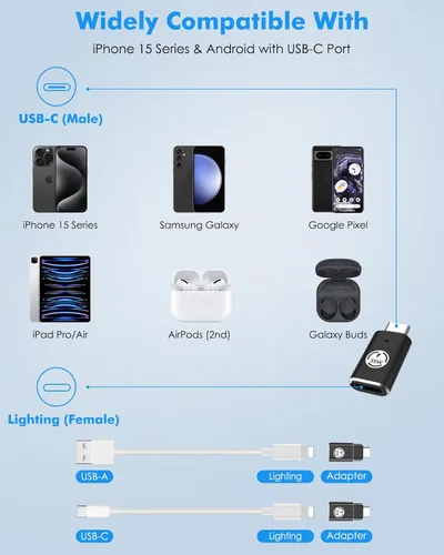 Vista 7 de MoKo Adaptador Lightning hembra a USB C macho, paquete de 2, adaptador Lightning USB C para iPhone 15/16 Pro/16 Pro Max/Plus, Galaxy S24, iPad