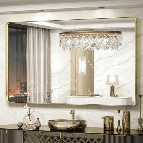 Vista 30 de TokeShimi Espejo de pared de baño de níquel cepillado de 20 x 30 pulgadas, marco de metal, esquina redonda, rectangular, para decoración del hogar