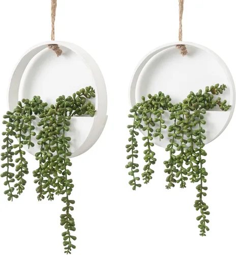 Vista 8 de CEWOR 2 plantas suculentas artificiales colgantes, cadena de perlas falsas en maceta con cordón, decoración de pared bohemia para baño, sala de Negro