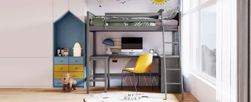 Vista 39 de Cama tipo loft de tamaño individual con estantes y escritorio, marco de cama de madera con escalera inclinada y barandilla de seguridad, adecuada