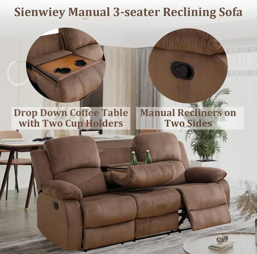 Vista 3 de Sofá reclinable manual, sofá reclinable con portavasos de 3 asientos, sofá de 3 asientos con mesa auxiliar desplegable para sala de estar, oficina