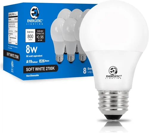 E ENERGETIC LIGHTING Bombillas equivalentes a 60 vatios, bombillas LED blancas suaves A19, base E26 de 15000 horas, bombilla de 8 W, 800 LM, 2700 K,