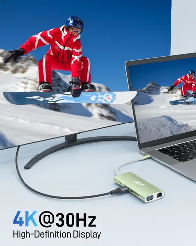 Vista 3 de Acer Hub USB C con HDMI 4K, adaptador USB C 9 en 1 a Ethernet, estación de acoplamiento USBA 3.0 de 5 Gbps, divisor VGA, lector de tarjetas SD