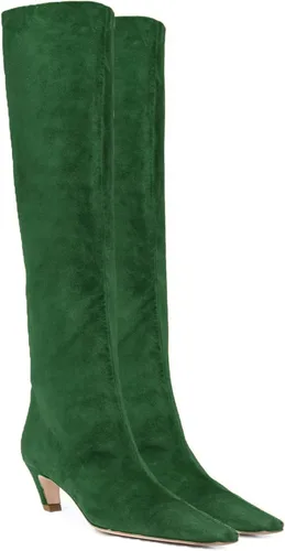 MOOMMO Botas altas de tacón de gatito sobre la rodilla para mujer, punta cuadrada, de cuero mate, de meter de pantorrilla ancha, plisadas, tacón