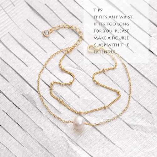 Vista 5 de Mevecco - Pulsera de perlas pequeñas dorada, chapada en oro de 14 quilates, bonitas cuentas, perlas cultivadas de agua dulce, con un pequeño dije