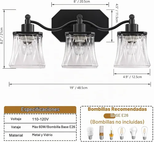 Vista 3 de Accesorios de iluminación de tocador de baño, luces de tocador vintage de 3 luces en negro mate con pantallas de vidrio de cristal, accesorios