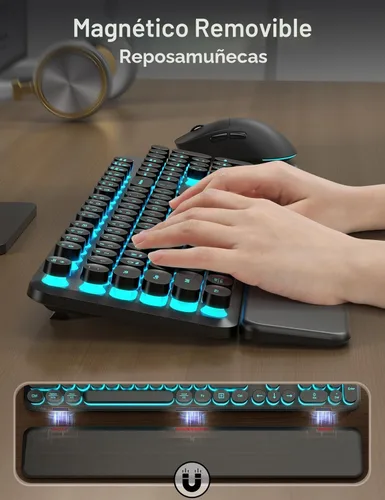 Vista 3 de Teclado y ratón inalámbricos retroiluminados - Teclado de máquina de escribir con reposamuñecas magnético, teclas redondas retro, letras iluminadas