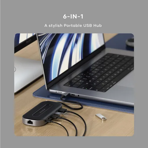 Vista 3 de Satechi Adaptador multipuerto USB C, USB4 6 en 1 con HDMI 8K, carga USB C PD de 100 W, 2 puertos USBC y 1 puerto de datos USB-A, Ethernet, conector