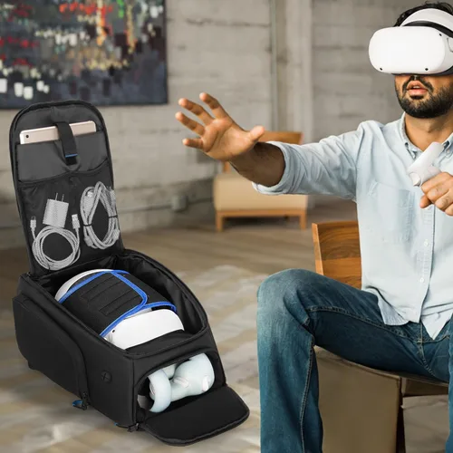 Vista 7 de Bolsa de transporte de almacenamiento compatible con Oculus Meta Quest 2/Quest 3/Quest 3S/Quest Pro/VR Elite correa y controlador, mochila de viaje