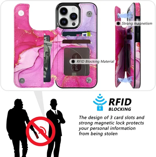 Vista 5 de Funda de piel con tapa para tarjetas compatible con iPhone 13 Pro de 6.1 pulgadas, para mujeres y niñas, con tarjetero y función atril, doble cierre