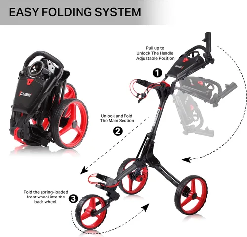 Vista 6 de CUBE CART Carrito de Golf de Empuje de 3 Ruedas Carrito de Golf Plegable Ultracompacto de Dos Pasos, Marco Ligero de 14.5 libras, Mango Ajustable
