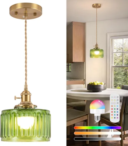 Vista 26 de Lámparas colgantes, lámpara colgante de techo de 9.4 pulgadas, E26, vintage, de cristal verde, para dormitorio, sala de estar, pasillo